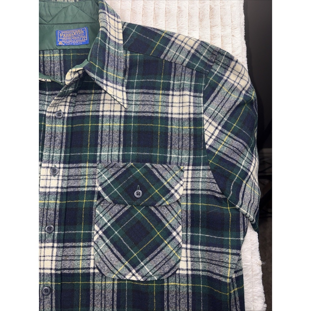 Pendleton VTG 100% Wool Board Shirt Long Sleeve Blue Green Large L Plaid Western - Picture 14 of 16